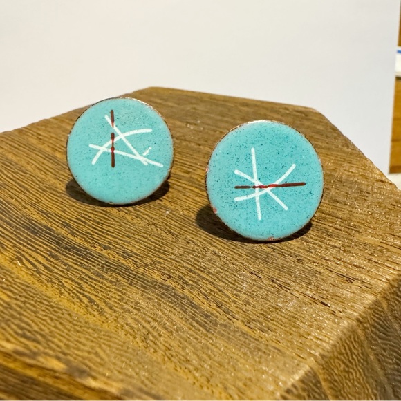 Vintage turquoise enamel on copper circular flat screwback earrings MCM atomic - Picture 3 of 10